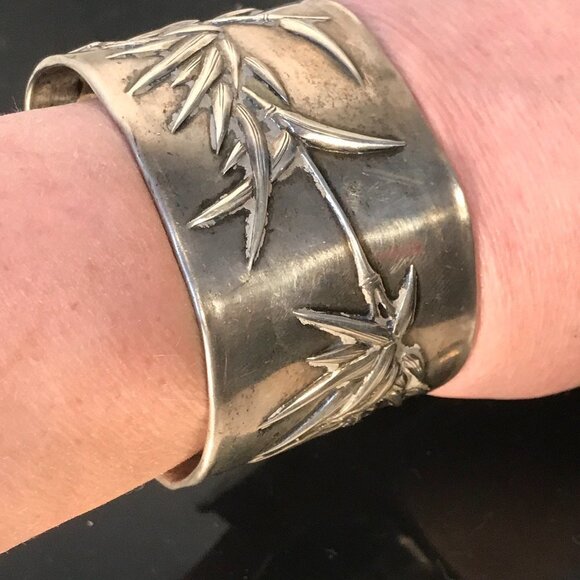 Rare Chinese Sterling Silver Cuff Bracelet Wing Hang Antique Chinese Bamboo 925 - Picture 6 of 9